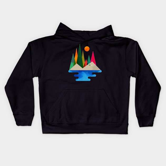 Mountains, forest, lake adventure. Kids Hoodie by Curvilineo